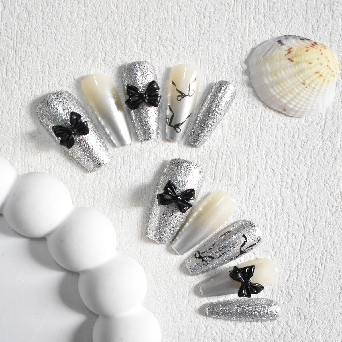 Glittery Bow-Accent Press-On Nail Set Acalora