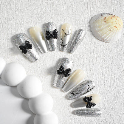 Glittery Bow-Accent Press-On Nail Set Acalora