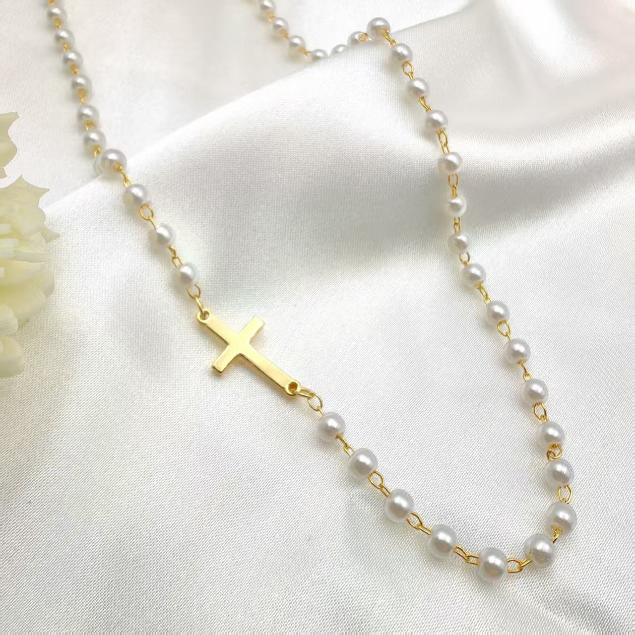 BowLift | Dainty Faux Pearl Cross Station Choker Necklace
