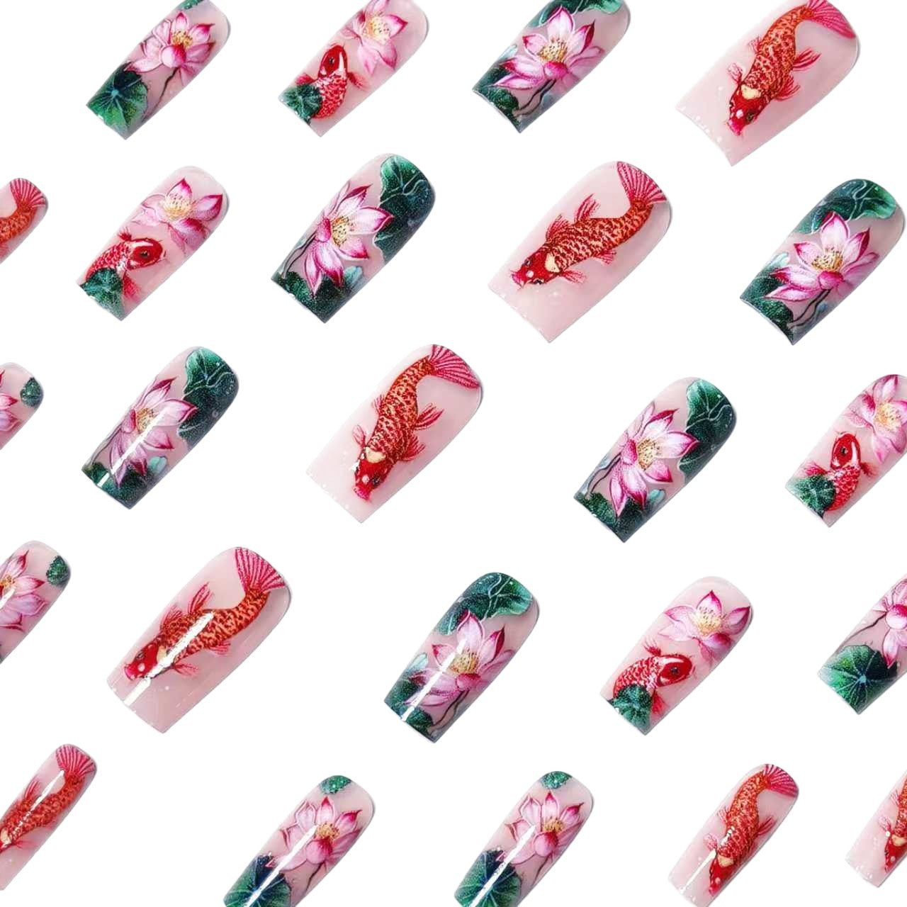 Artistic Water Lily and Koi Fish Nail Art Acalora