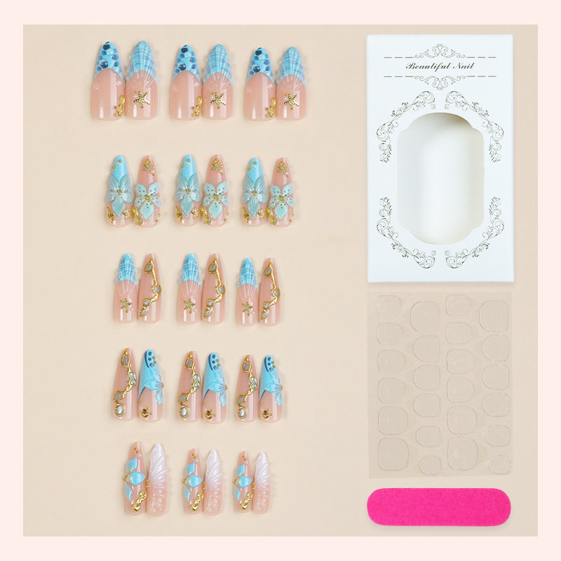 Premium Artistic Press-On Nail Set with Decorative Ocean-Inspired Designs Acalora