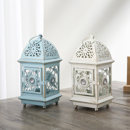 Antique-Style Decorative Metal Glass Candle Lantern with Filigree Cutouts and Hanging Ring Acalora