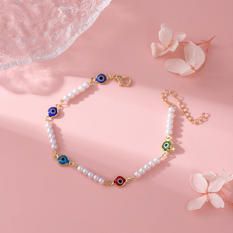 Pearl and Colorful Evil Eye Bracelet Acalora