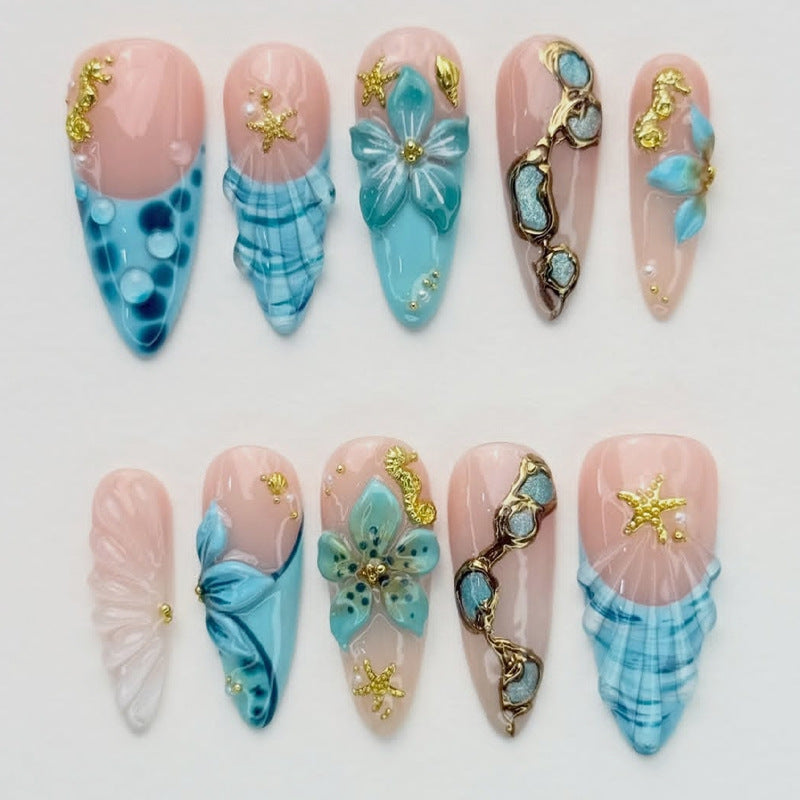 Premium Artistic Press-On Nail Set with Decorative Ocean-Inspired Designs Acalora