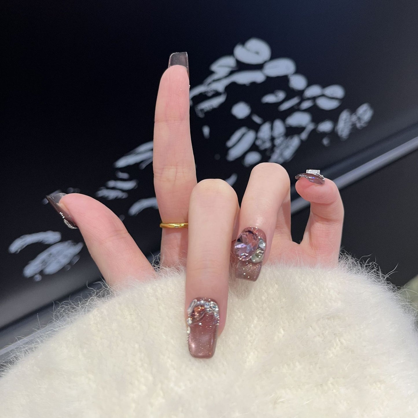 Decorative Press-On Nail Design with Gemstone Accents Acalora