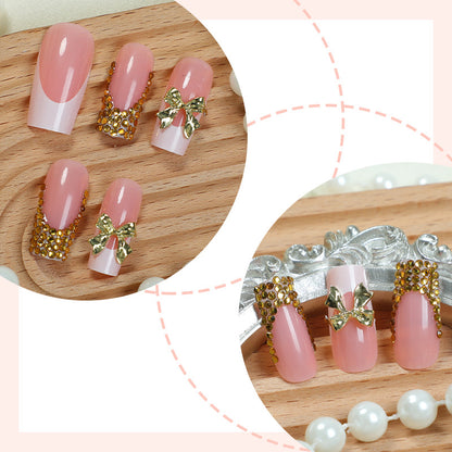Decorative Press-On Nail Art Set with Elegant Bow and Gem Accents Acalora
