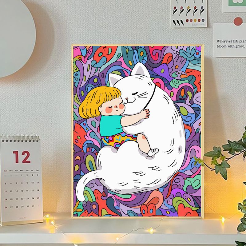 Playful Cat and Girl Illustration Canvas Art
