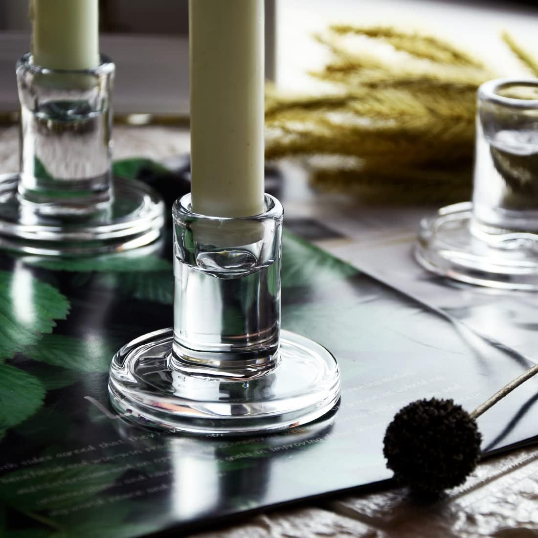 Clear Thick Glass Taper Candle Holders Set Minimalist Cylinder Base Acalora