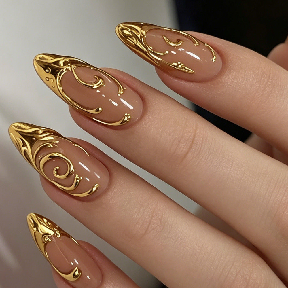 Elegant Gold Accented Press-On Nail Art Acalora