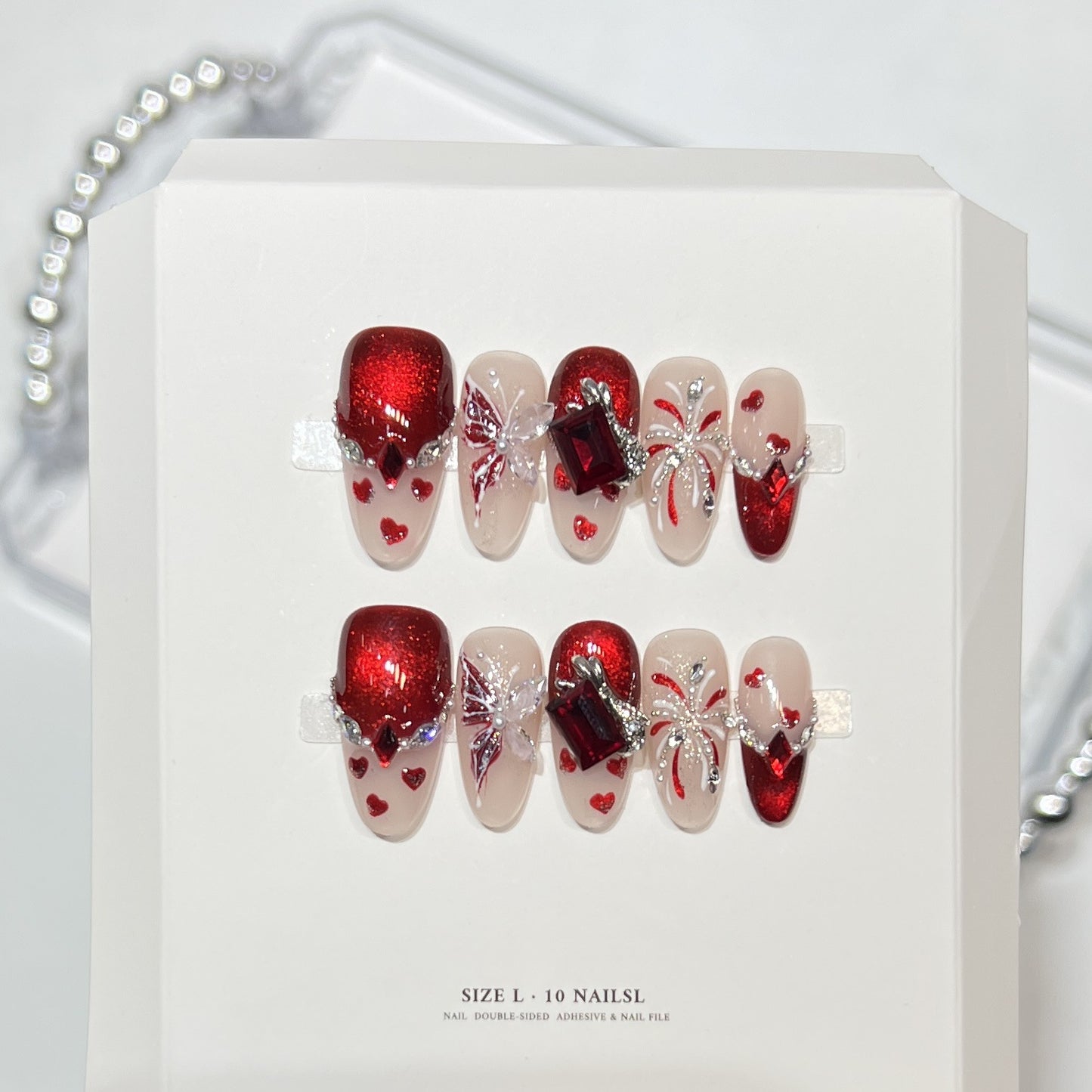Premium Press-On Nail Art Set with Elegant Heart & Leaf Design Acalora