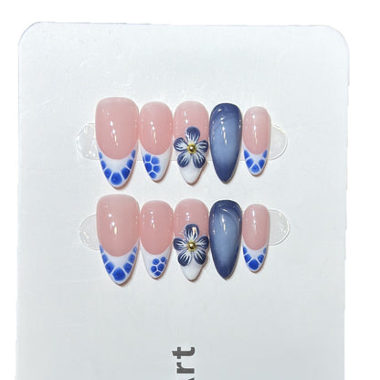 Artistic Press-On Nail Set with Floral and Geometric Accents Acalora