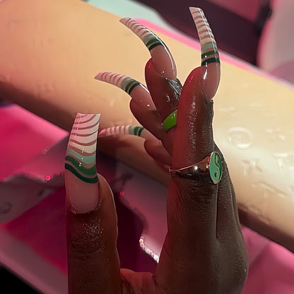 Artistic Long Press-On Nail Set with Unique Striped Design Acalora