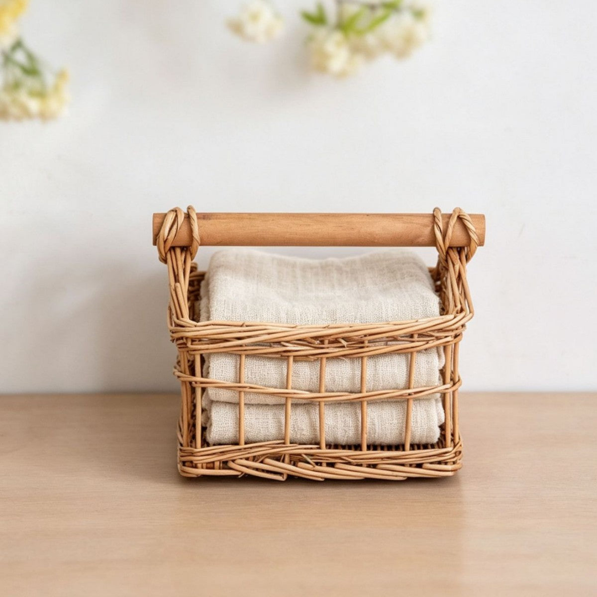 Handcrafted storage basket with wooden handle Acalora