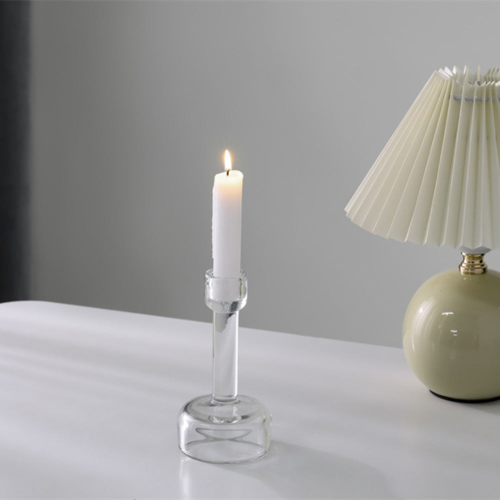 Minimalist Clear Glass Taper Candle Holder Pair with Weighted Base Acalora