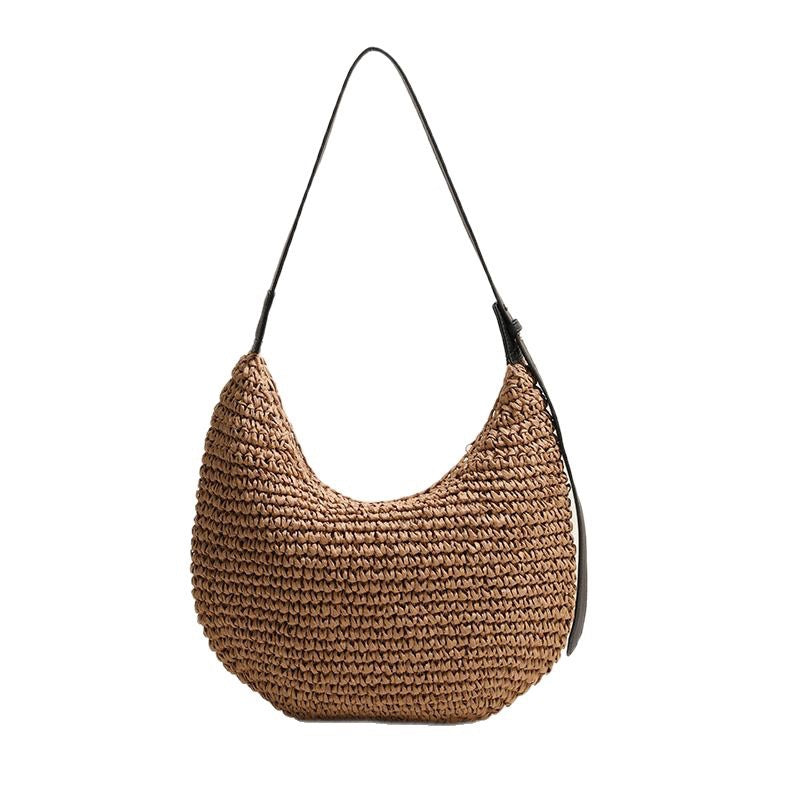 Women's Handmade Shoulder Bag made of braided natural material with a narrow leather strap Karnz