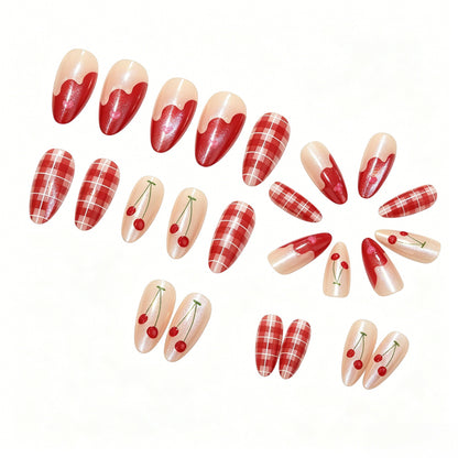 Artificial nails with romantic cherry and checkered pattern Acalora
