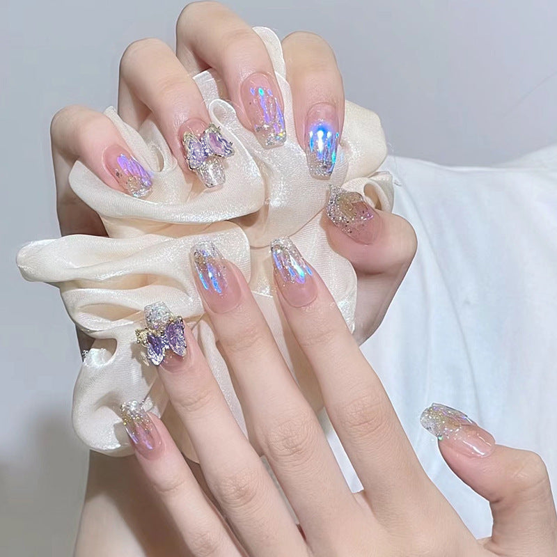 Acrylic Nail Set with Glitter and 3D Butterfly Decorations Acalora