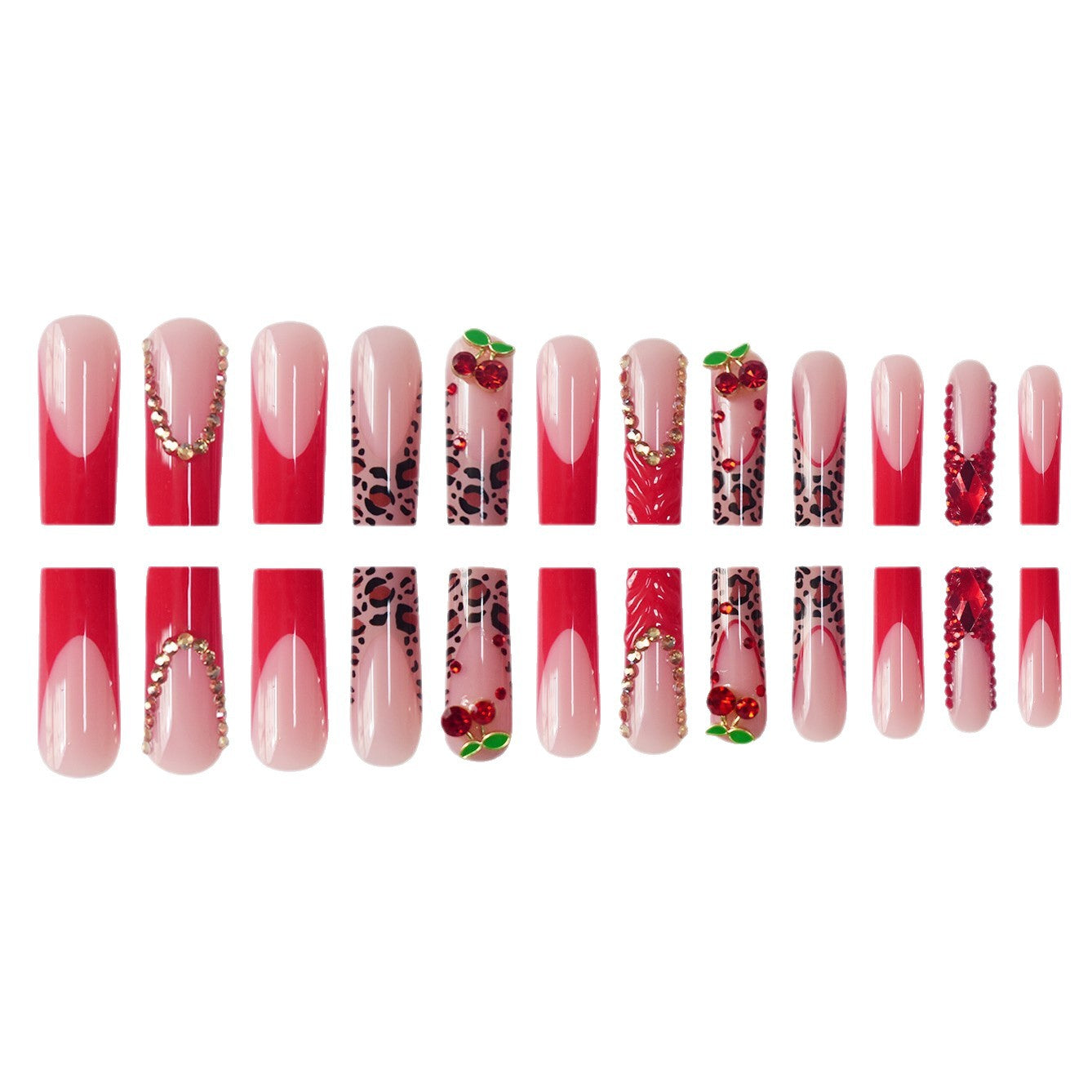 Decorative Long Press-On Nail Set with Gemstone and Floral Accents Acalora