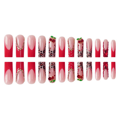 Decorative Long Press-On Nail Set with Gemstone and Floral Accents Acalora