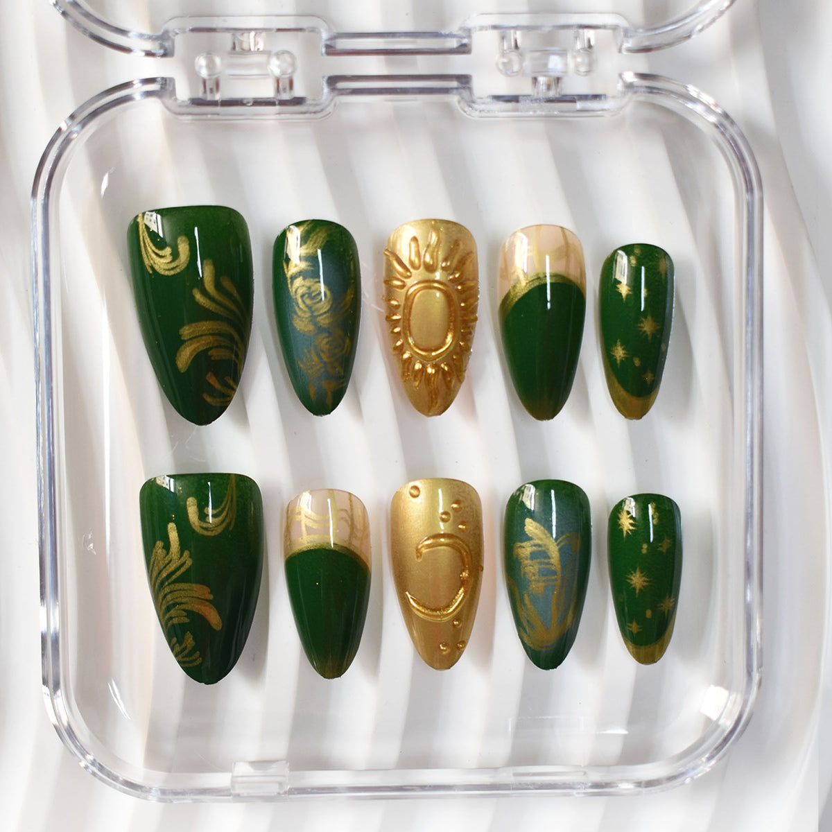 Artistic Press-On Nail Art Set with Celestial and Floral Designs Acalora