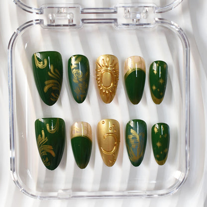 Artistic Press-On Nail Art Set with Celestial and Floral Designs Acalora