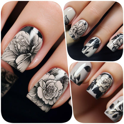 Artificial nails with floral black-and-white design Acalora