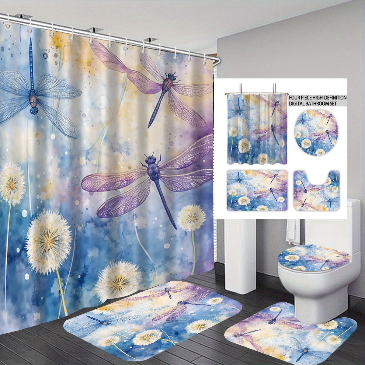 Artistic Dragonfly-Themed Four-Piece Digital Bathroom Set