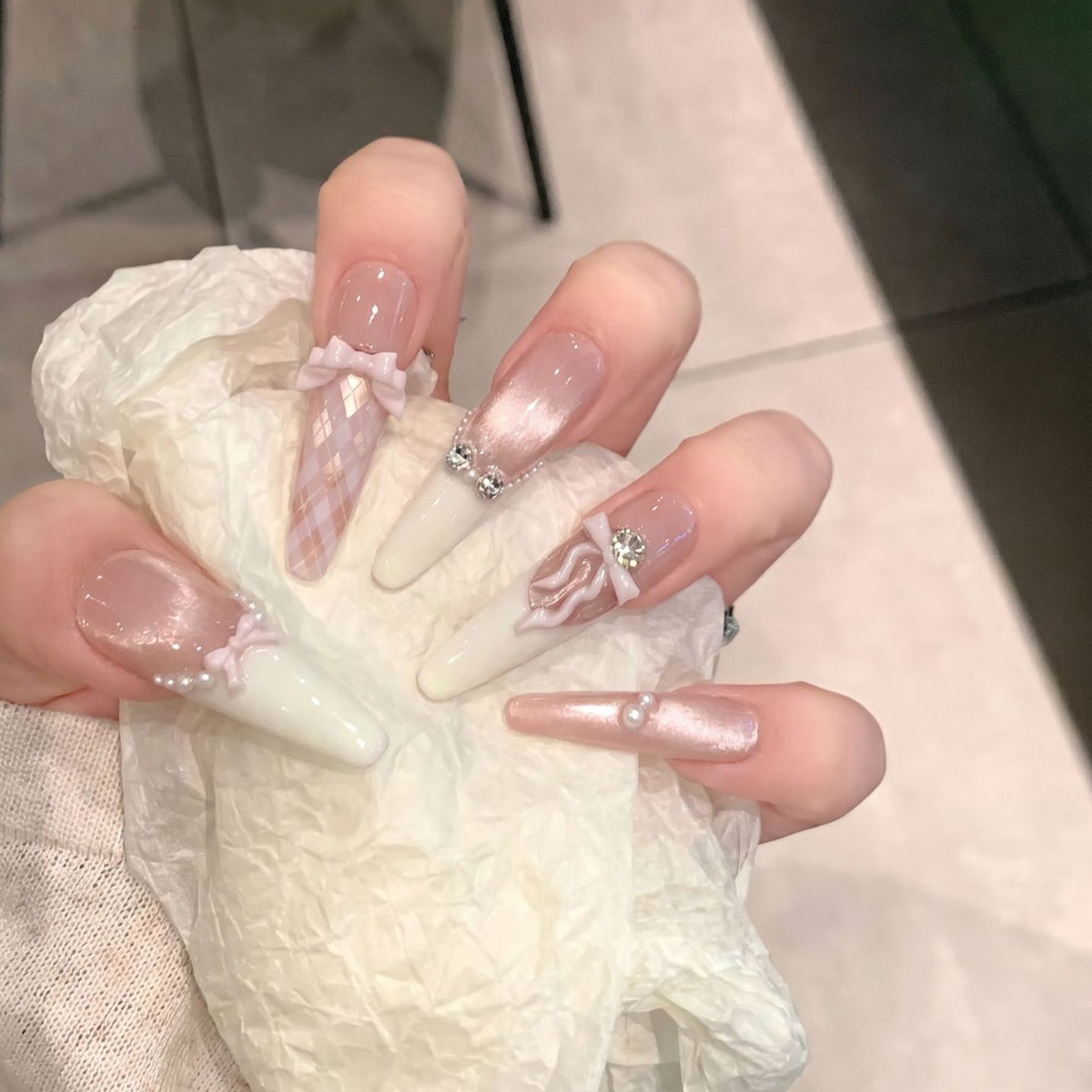 Elegant Stiletto Press-On Nail Set with Decorative Bow and Gem Accents Acalora