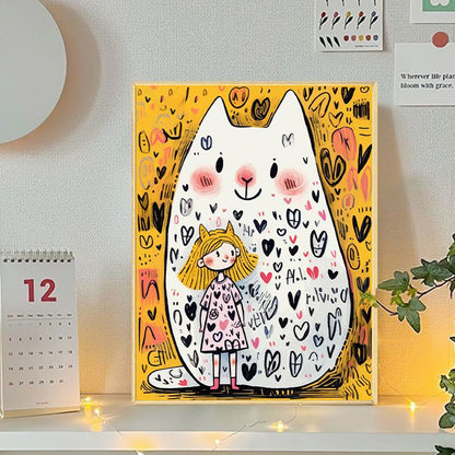 Playful Cat and Girl Illustration Canvas Art