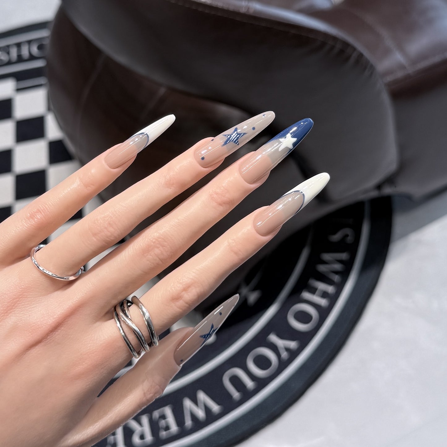 Artistic Stiletto Press-On Nail Set with Celestial Design Acalora