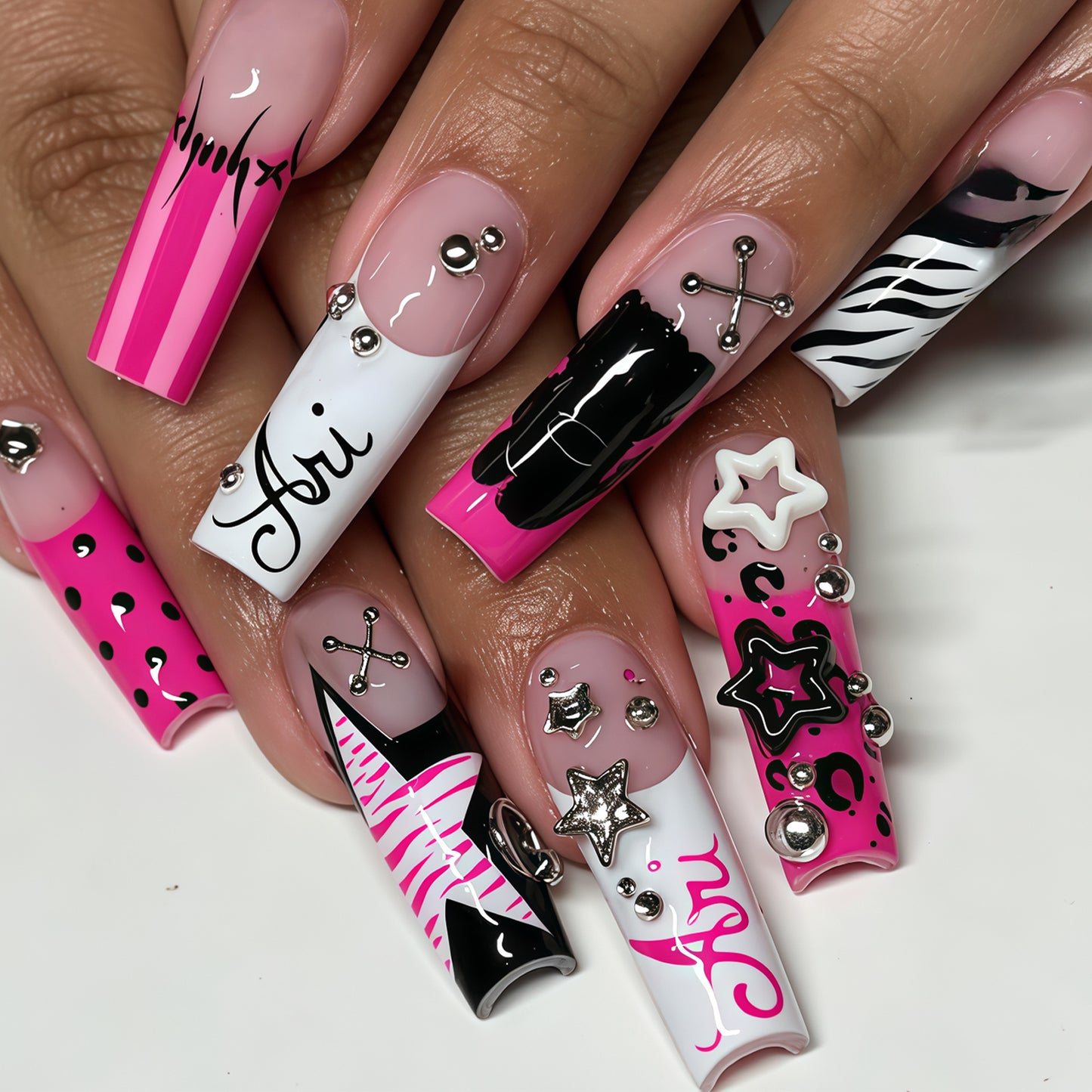 Artistic Press-On Nail Tips Set with Stylish Decals Acalora