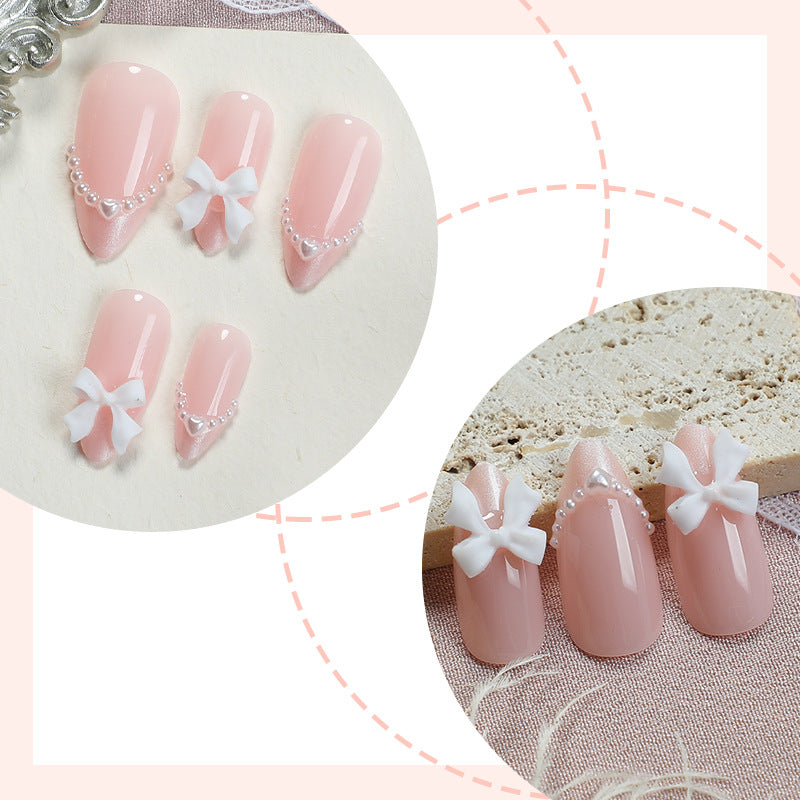 Decorative Press-On Nail Art Set with Elegant Bow and Pearl Accents Acalora