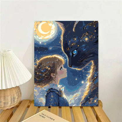 Whimsical Fantasy Cat and Girl Wall Art