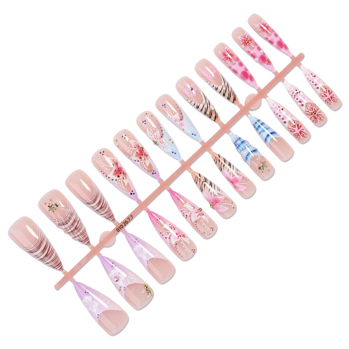 Artistic Press-On Nail Set with Floral and Gemstone Accents Acalora