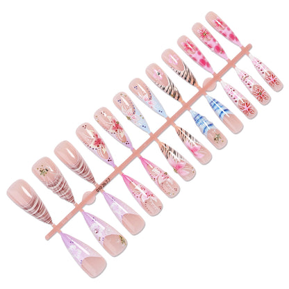 Artistic Press-On Nail Set with Floral and Gemstone Accents Acalora