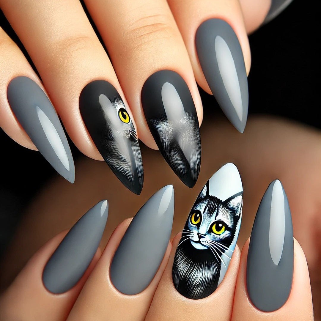 Stylish cat motif artificial nails Acalora