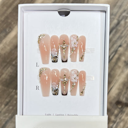 Artistic Reusable Press-On Nail Set with Floral and Gold Accents Acalora