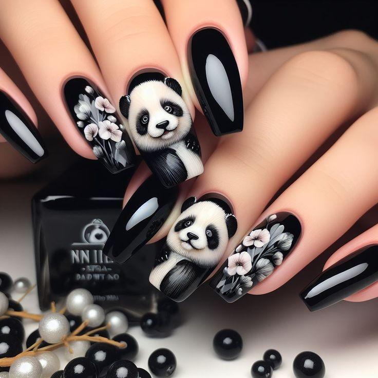 Artificial nails with playful panda and flower design Acalora