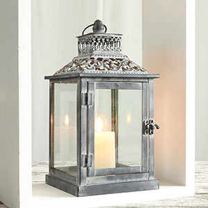 Ornate Distressed Wooden and Metal Glass-Paneled Decorative Lantern Acalora