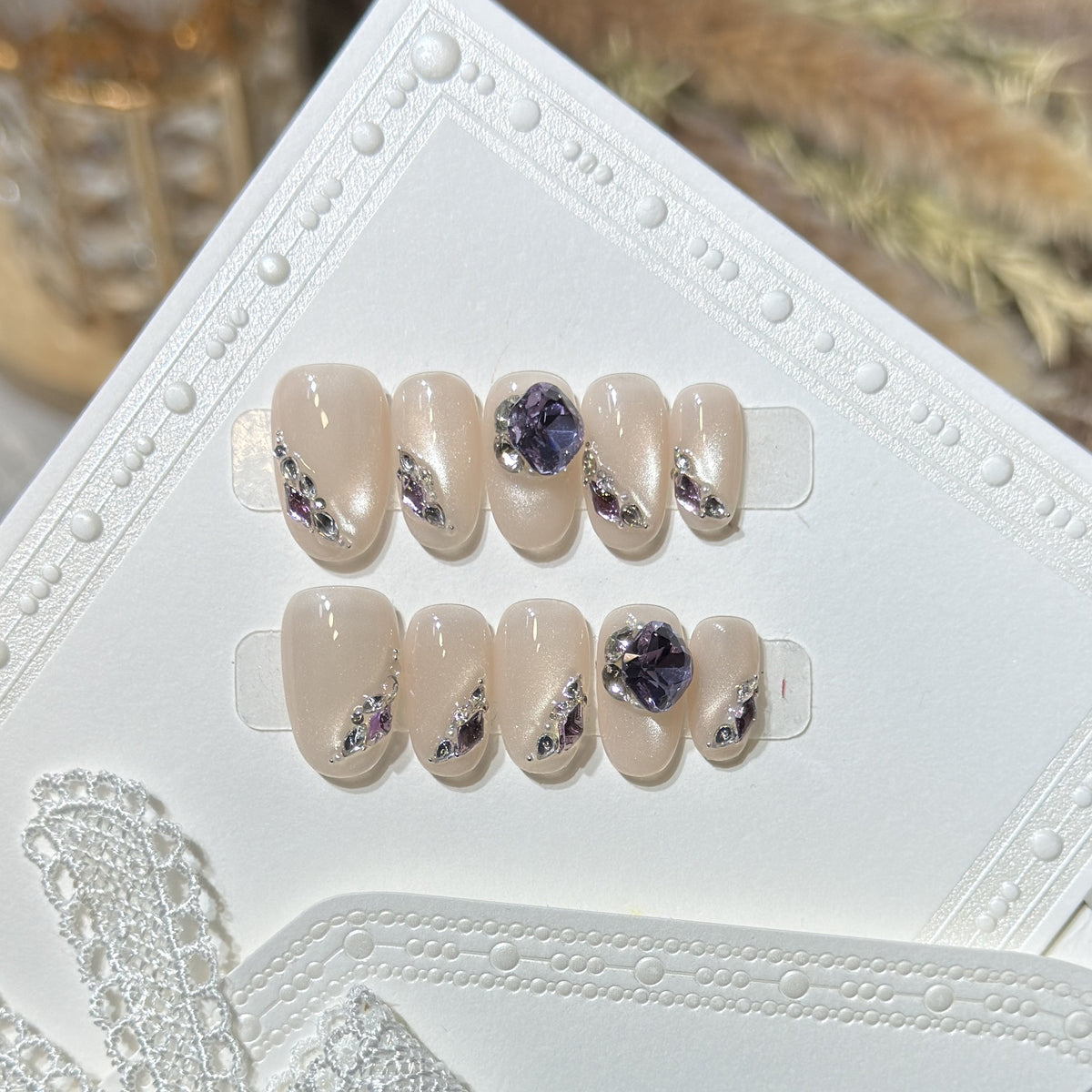 Elegant Press-On Nail Set with Gemstone Accents Acalora
