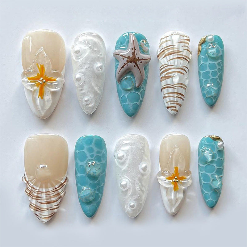 Beach-Inspired Press-On Nail Set with Ocean and Starfish Designs Acalora