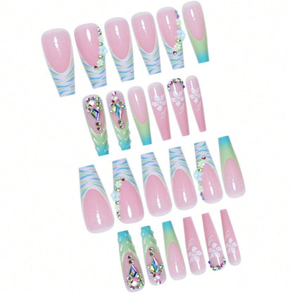 Decorative Long Press-On Nail Art with Gemstone Accents Acalora