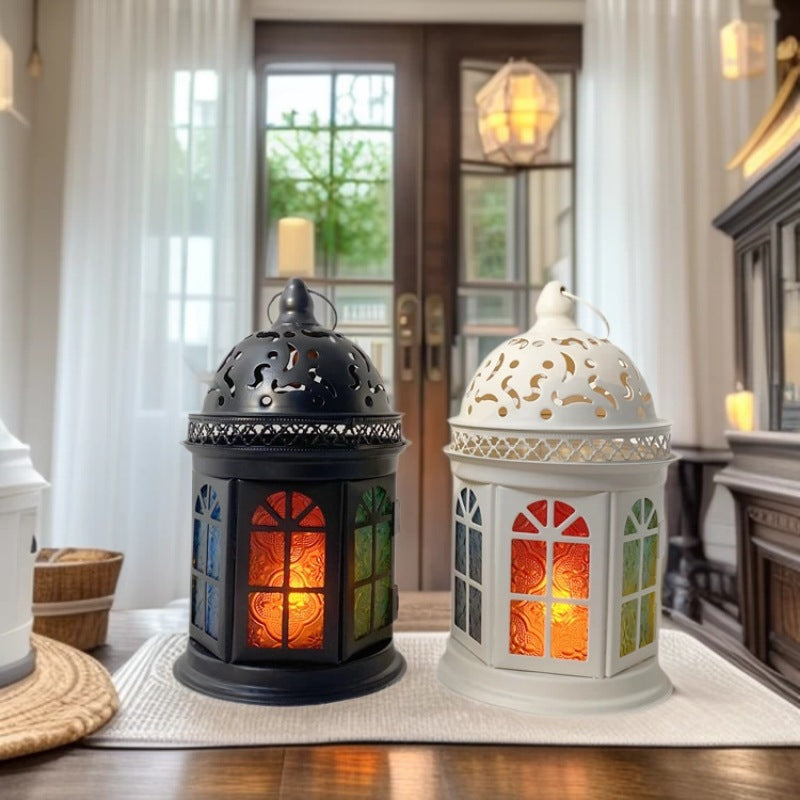 Ornate Metal Stained-Glass Tea Light Lantern Acalora