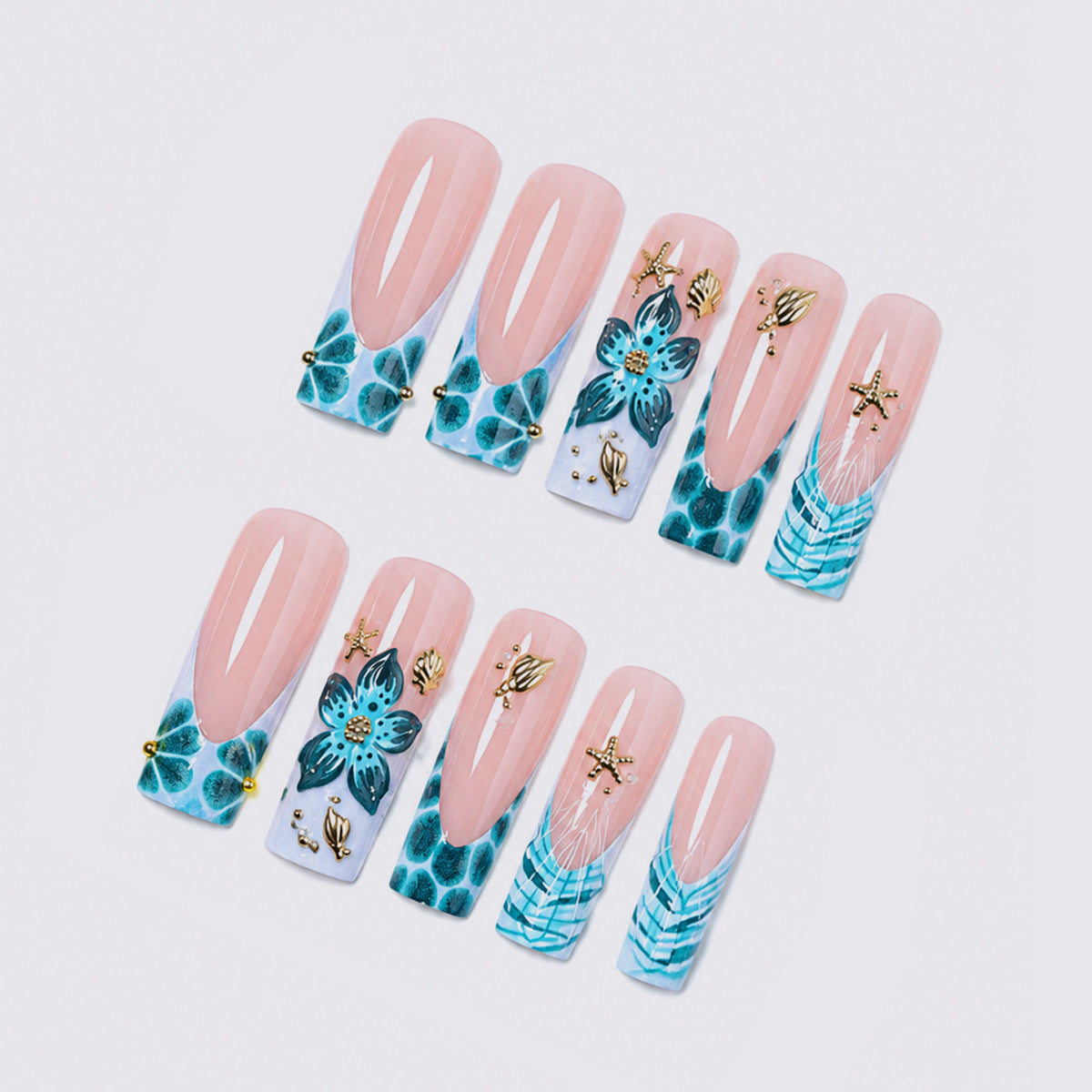 Artistic Acrylic Press-On Nail Set with Floral and Gold Elements Acalora