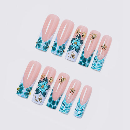 Artistic Acrylic Press-On Nail Set with Floral and Gold Elements Acalora