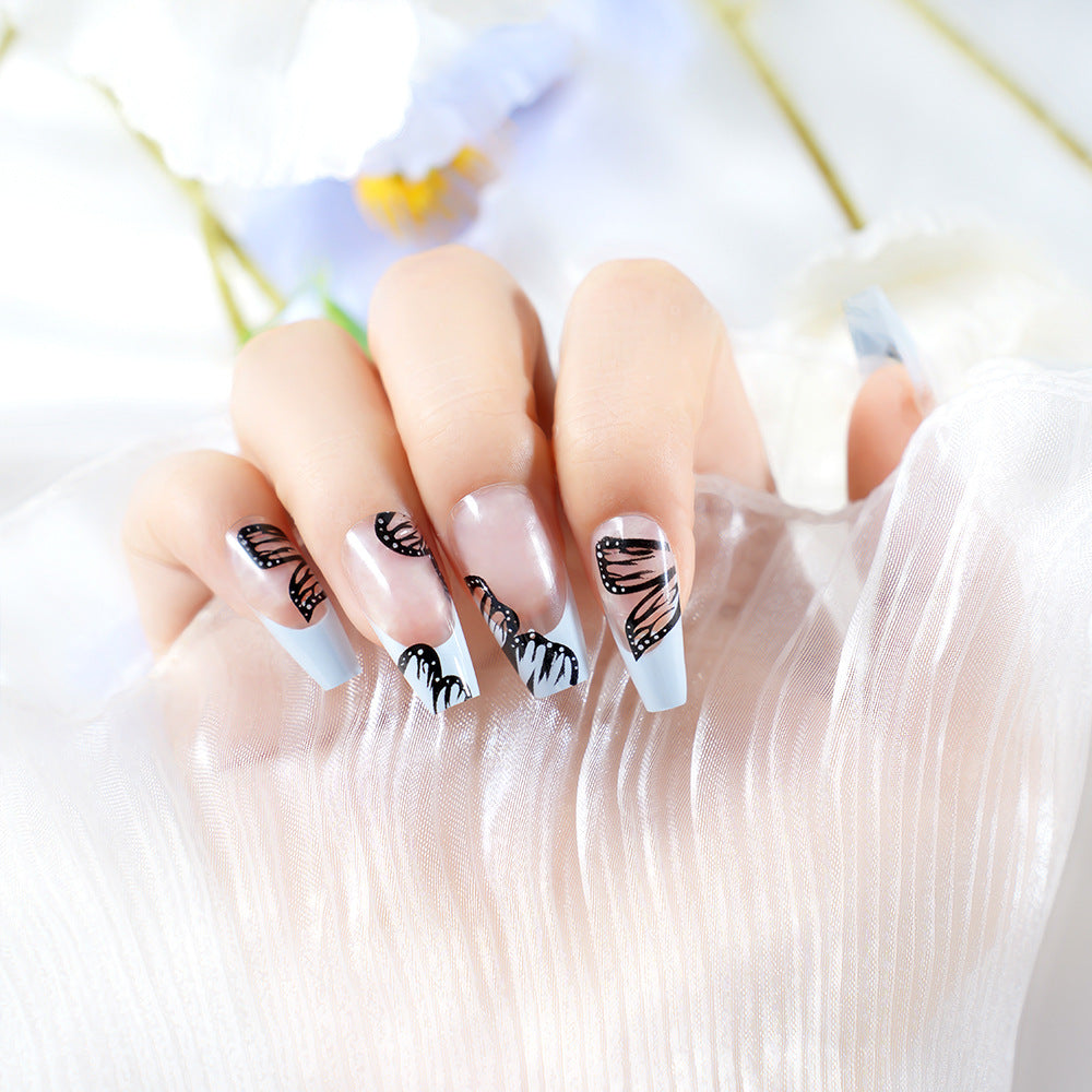 Artistic Long Coffin Press-On Nails with Butterfly Design Acalora