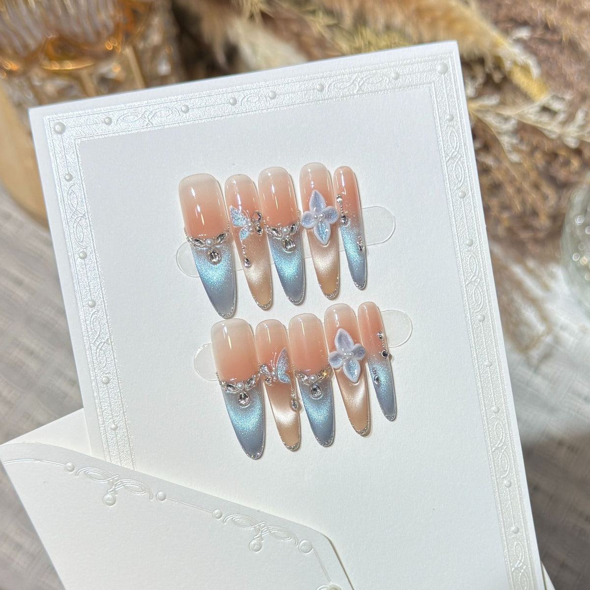 Artistic Press-On Nail Set with Floral and Gemstone Accents Acalora