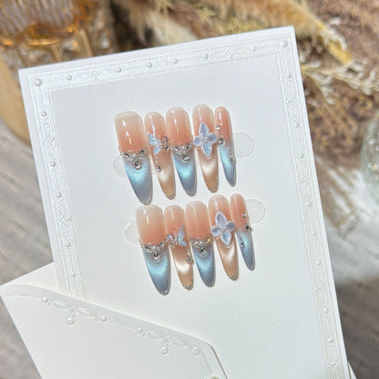 Artistic Press-On Nail Set with Floral and Gemstone Accents Acalora