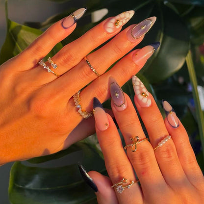 Premium Artistic Stiletto Press-On Nails with Gold Accents Acalora