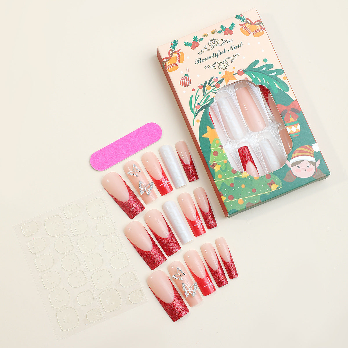 Festive Press-On Nail Art Set with Glitter and Decorative Accents Acalora